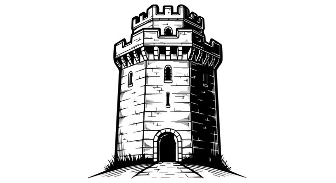 Black and white illustration of a medieval tower with crenellated battlements and arched doorway