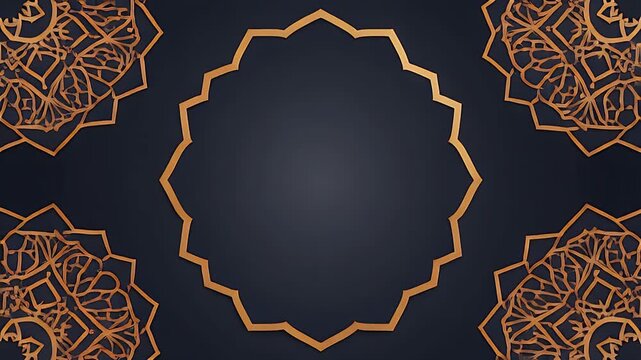 Intricate golden geometric patterns on dark blue background, ornate designs, central shape surrounded by floral motifs