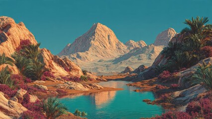Obraz premium Illustration of a desert oasis with mirage depicting taxation concepts symbolically in an abstract landscape view