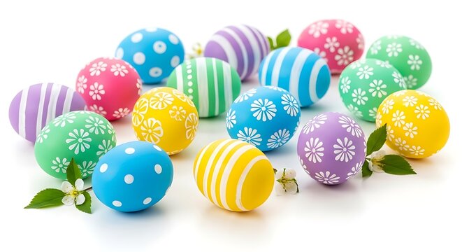Vibrant easter eggs decorated with floral patterns and stripes