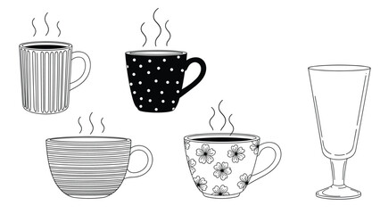 Obraz premium Charming collection of hand-drawn coffee mugs with different patterns and a tall glass, all emitting steam on a clean white background.