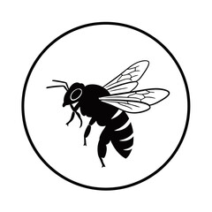 Obraz premium A black and white illustration of a bee in flight, enclosed within a circular border.