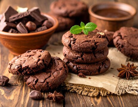 A stack of chocolate chip cookies with mint leaves on top. Beside, are more cookies, chocolate, nuts, spices. All sit on wood