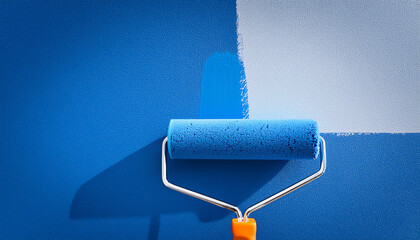 Blue Paint Roller Applying New Coat On Half Wall