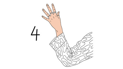 Fototapeta premium Female hand wearing multiple stylish silver rings reaching upwards with patterned sleeve isolated on white background.