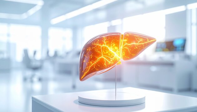 Detailed anatomical liver model glowing red representing inflammation, fatty liver disease and alcohol damage