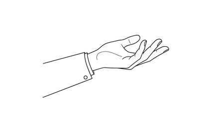 Elegant line drawing of a person in a suit sleeve with their hand held out, palm open and fingers slightly curved on white background.
