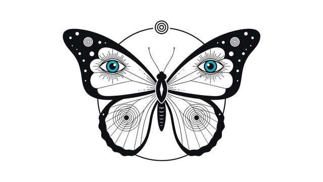 Symbolic illustration of a butterfly featuring eyes on its wings and mystical geometric circles and dots in a tattoo style.