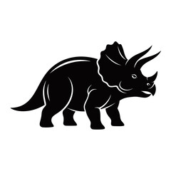 Obraz premium A black silhouette of a triceratops dinosaur with three horns and a frill.