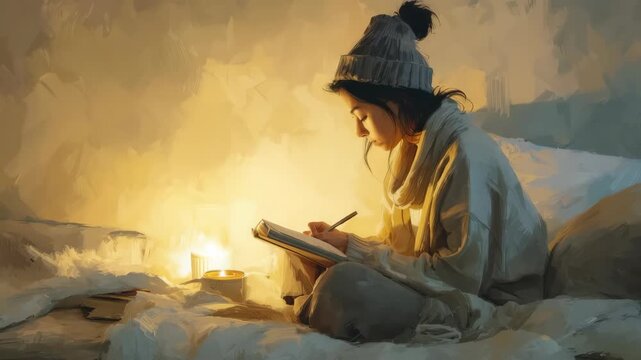 digital painting of traveler journaling on cozy bed with candle and soft light, beige tones, warm reflective mood