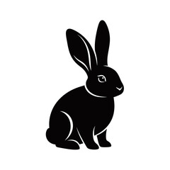 Fototapeta premium Black silhouette of a rabbit sitting with long ears, isolated on a white background, in a simple graphic style.