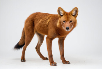 Dhole (Asiatic wild dog), lean body, reddish coat, animal portrait, white backdrop