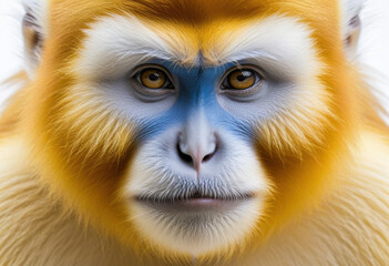 Golden snub-nosed monkey, blue face, golden fur, close-up portrait on white