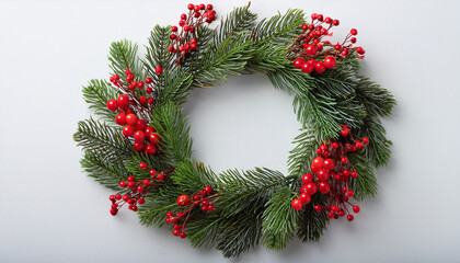 Christmas Wreath Made Of Natural Pine Tree Branches And Red Berries On White Background