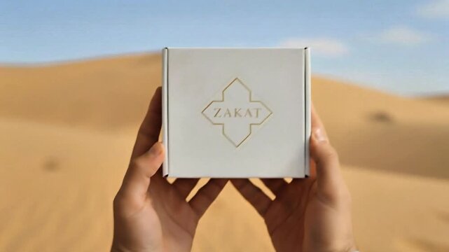 Video, illustration of Islamic activities, زكاة (Zakāh), hand holding a box with the word ZAKAT written on it, giving, 
