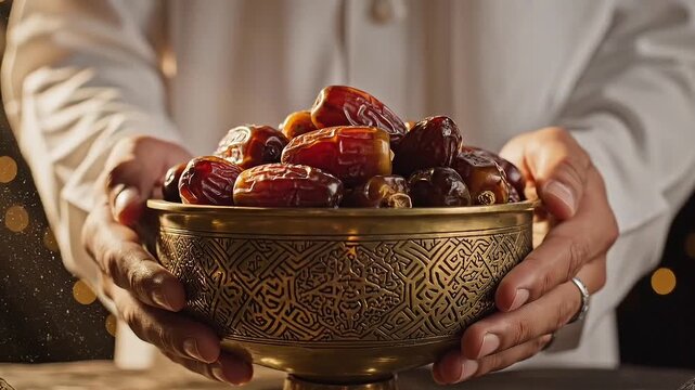 Ornate brass bowl of chestnuts held by warm hands in an autumnal culinary display.
