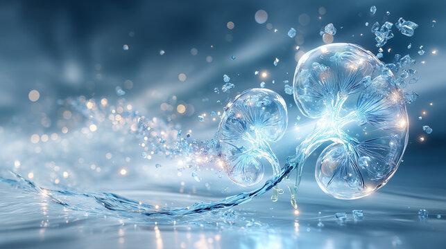 Crystalline glass kidney model with floating ice particles symbolizing kidney stones and mineral filtration