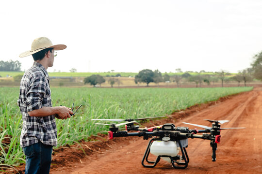 Modern farmer using a remote control to operate a large agricultural spraying drone over a green crop field for precision agriculture