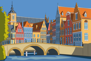 Obraz premium Colorful vector illustration of Bruges architecture in Belgium