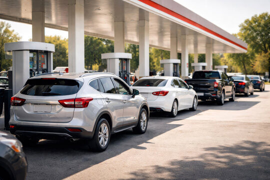 A Busy Gas Station Line with Multiple Cars Waiting to Refuel Und