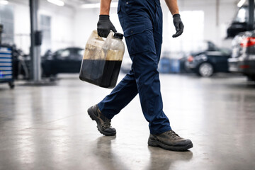 Fototapeta premium disposal of used engine oil. A Mechanic Carrying a Container of Oil in an Automotive Workshop, Highlighting Maintenance and Engine Care Practices in a Professional Environment