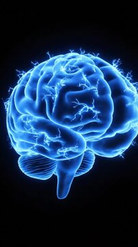 Vivid glowing blue human brain illustration demonstrates intense electrical activity and powerful neural connections against a deep black background for medical concepts.