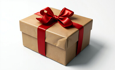 Fototapeta premium Kraft gift box with red ribbon bow isolated on white background