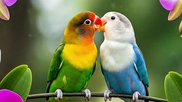 Video, two lovebirds perched on an orchid branch, orchid frame, for illustrations of couples, Valentine's Day, animals, education,  