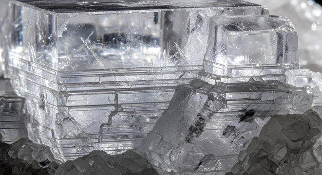A macro photograph of transparent cubic halite crystals with detailed internal structures and textures