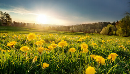 Sunlit Meadow With Yellow Flowers And Green Grass In Springtime
