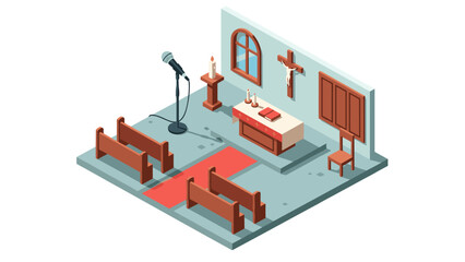 Isometric church interior with altar and pews for religious ceremonies