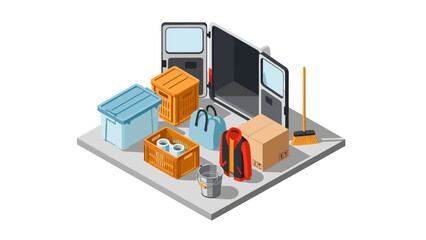 Isometric delivery scene with boxes, supplies, and open van in