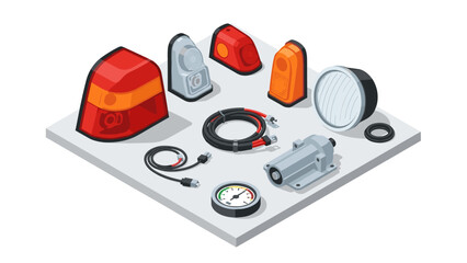 Fototapeta premium Isometric car parts collection: lights, gauges, cables, and equipment