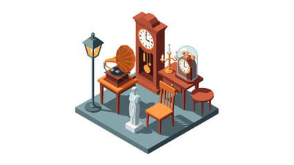 Vintage home decor elements in isometric style with antique clocks