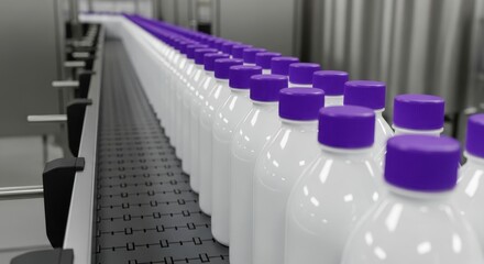 Obraz premium Numerous white plastic bottles with vibrant purple caps advancing along an automated production line