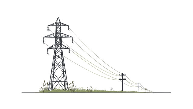 High voltage power lines on landscape with pylon and grass in