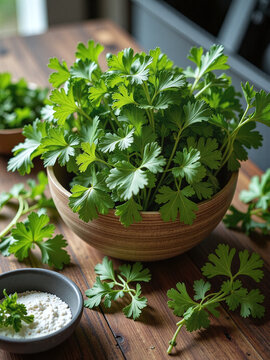 Fresh cilantro, casual arrangement, natural light, lifestyle composition,Casual styling reflects everyday culinary authenticity.