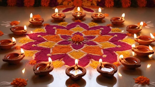 Diwali Festival Indian Rangoli Decoration with Traditional Oil Lamps Diya in Festive Atmosphere 4k video animation seamless loop