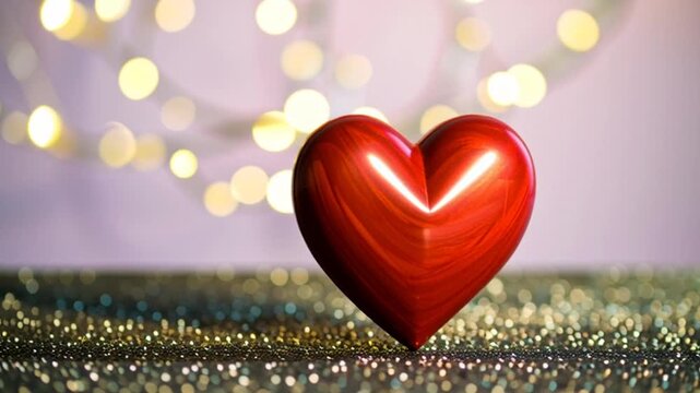 Red Heart on Glittering Surface with Lights.