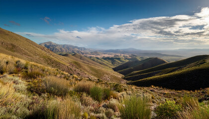 Wide Angle Perspective Of The Mountainous Terrain Near Agaete With Green And Brown Tones Bushes And Grasses Covering The Slopes Under A Lightly Clouded Sky