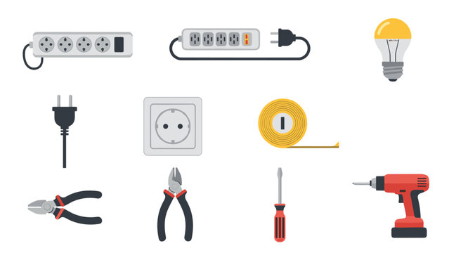 Flat electrical tools set with socket, plug, and drill for home