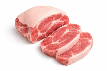Raw pork shoulder partially sliced into thick steaks with separated slices showing clean cut surfaces studio photo isolated on white
