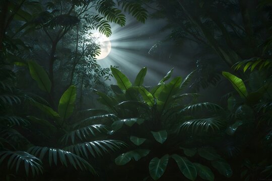 Moonlit tropical jungle canopy with full moon beams through lush foliage misty atmosphere
