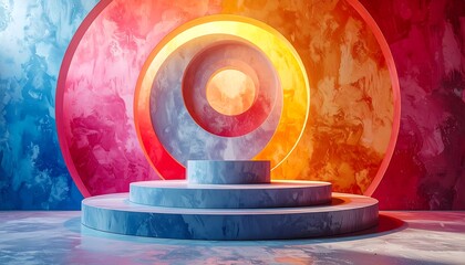 A stone-like platform is centrally positioned beneath concentric rings glowing with vibrant color gradients, reminiscent of a celestial body
