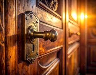 Obraz premium Vintage brass doorknob on old wooden door with backlight