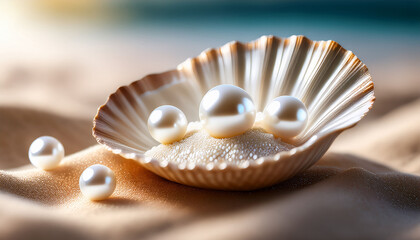 Close Up Of Three White Pearls In An Open Seashell Lying On White Sand With A Bokeh Background Pearls Symbolize Beauty Purity And Wealth