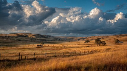 Obraz premium The Pampa Gaúcho is characterized by extensive plains covered with grasses, native fields, and coxilhas (gentle rolling hills).