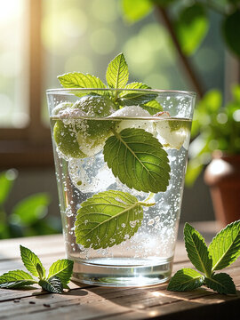 Fresh mint, glass cup, condensation, natural daylight, summer vibe,Condensation highlights mint&rsquo;s refreshing, cooling sensation.