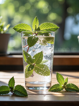 Fresh mint, glass cup, condensation, natural daylight, summer vibe,Condensation highlights mint&rsquo;s refreshing, cooling sensation.