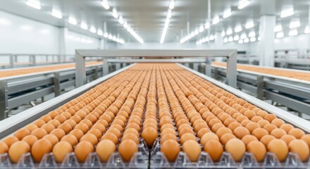 Hundreds of brown eggs moving on a factory conveyor system for sorting and packaging